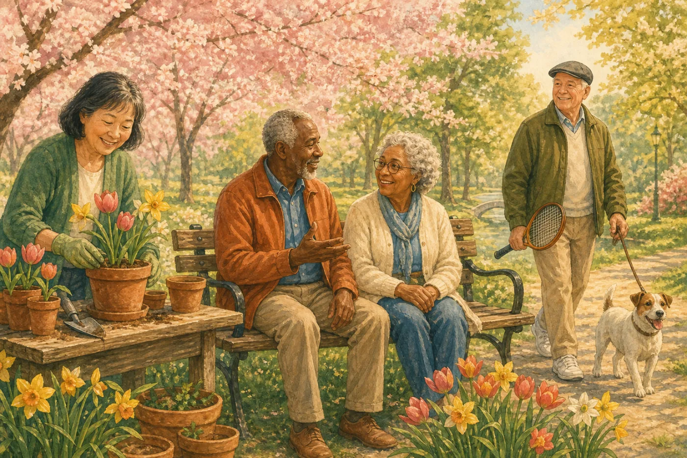 Four older adults together in a spring park — one tending potted tulips, two in conversation on a bench, one walking a small dog with a tennis racket.